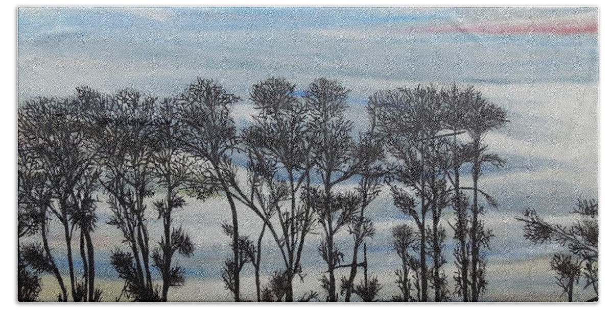 Silhouette Treeline Beach Sheet featuring the painting A Treeline Silhouette by Marilyn McNish
