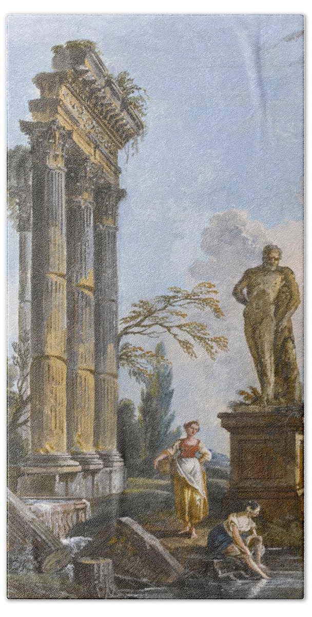 Jean-baptiste Lallemand Beach Towel featuring the drawing A View Of a Ruined Temple With Washerwomen by Jean-Baptiste Lallemand