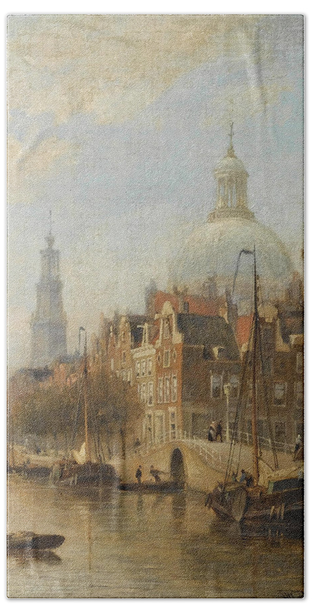 Cornelis Christaan Dommelshuize Beach Towel featuring the painting A View Of An Amsterdam Canal, by Cornelis Christaan Dommelshuize
