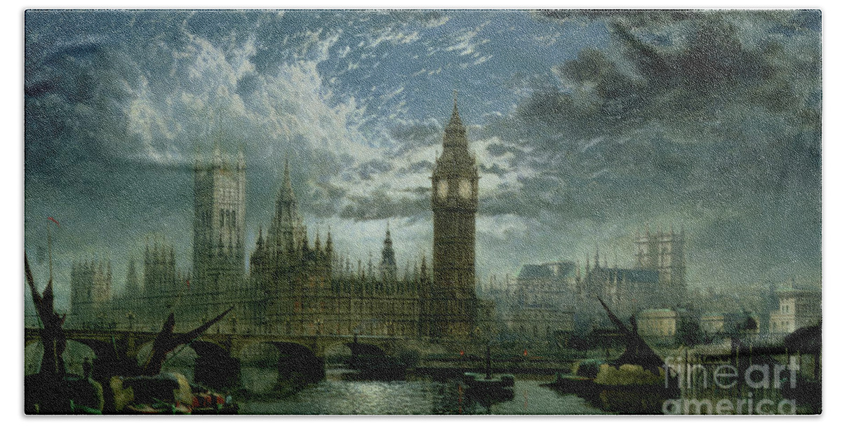 Big Ben;london;thames;river Beach Sheet featuring the painting A View of Westminster Abbey and the Houses of Parliament by John MacVicar Anderson
