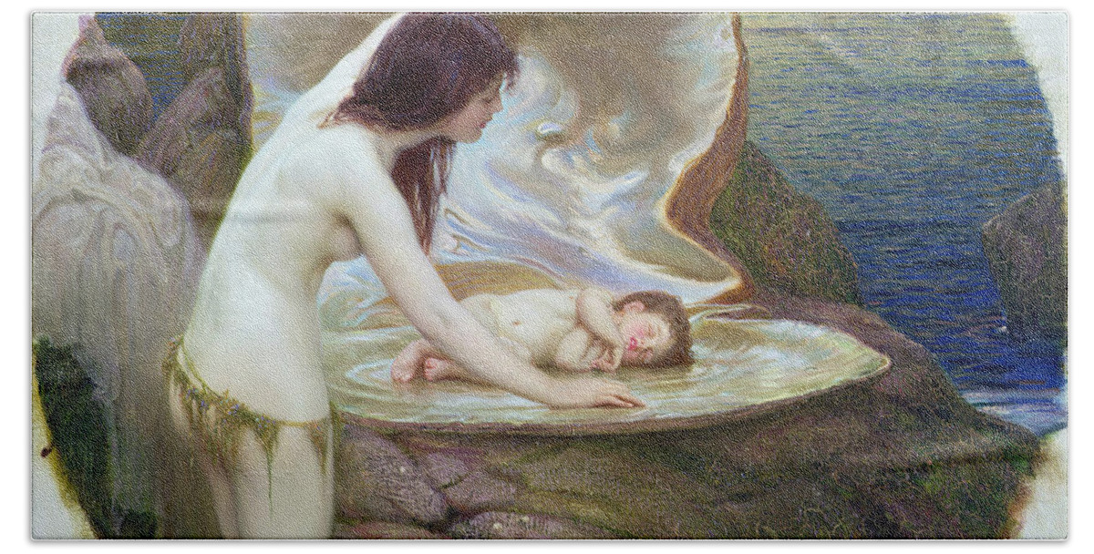 Herbert James Draper Beach Towel featuring the painting A Water Baby by Herbert James Draper