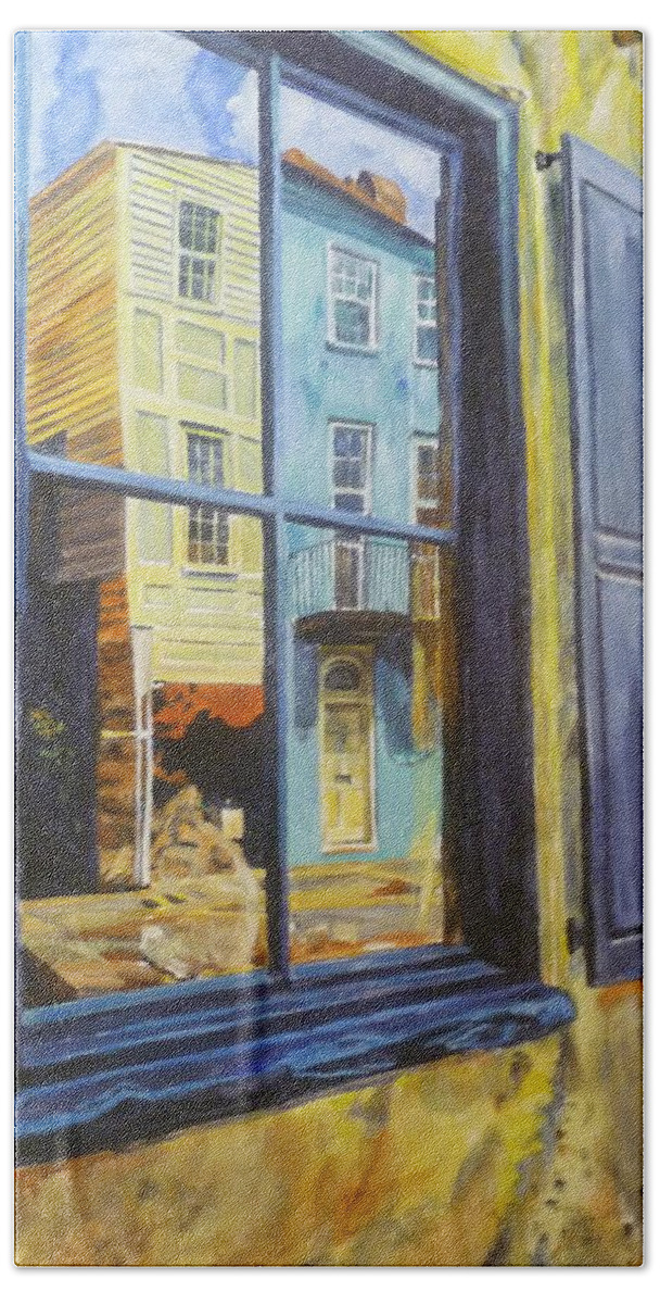 Charleston Beach Towel featuring the painting A Window In Old Charleston by Bryan Bustard
