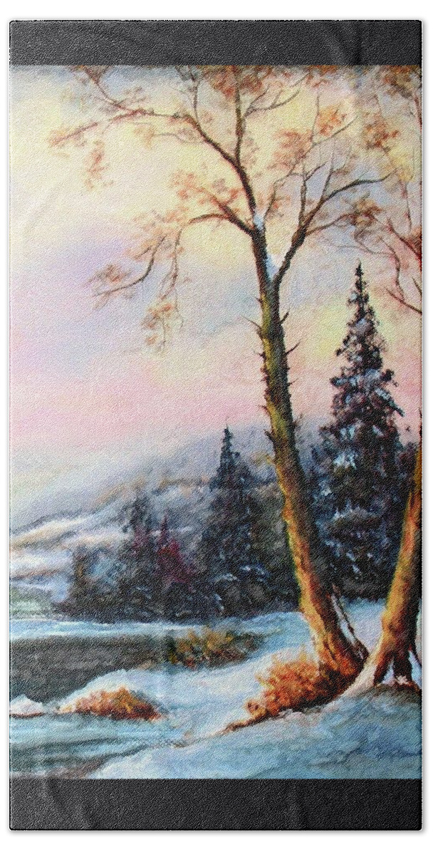Mountains Beach Towel featuring the painting A Winter Sunset by Hazel Holland