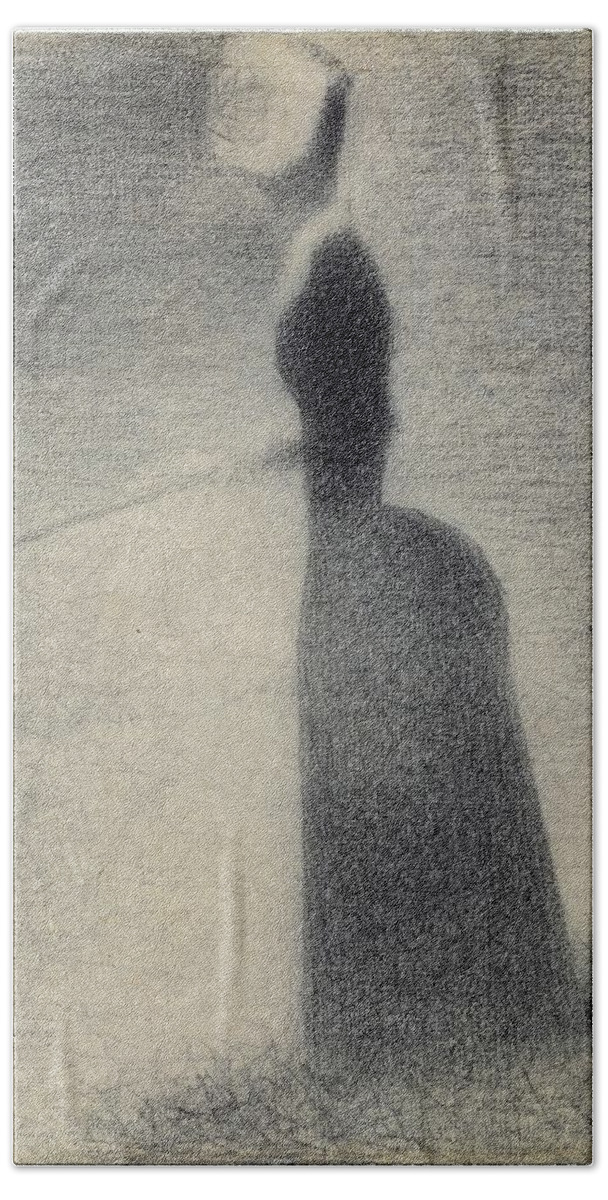 A Woman Fishing Beach Towel featuring the painting A Woman Fishing by Georges Seurat