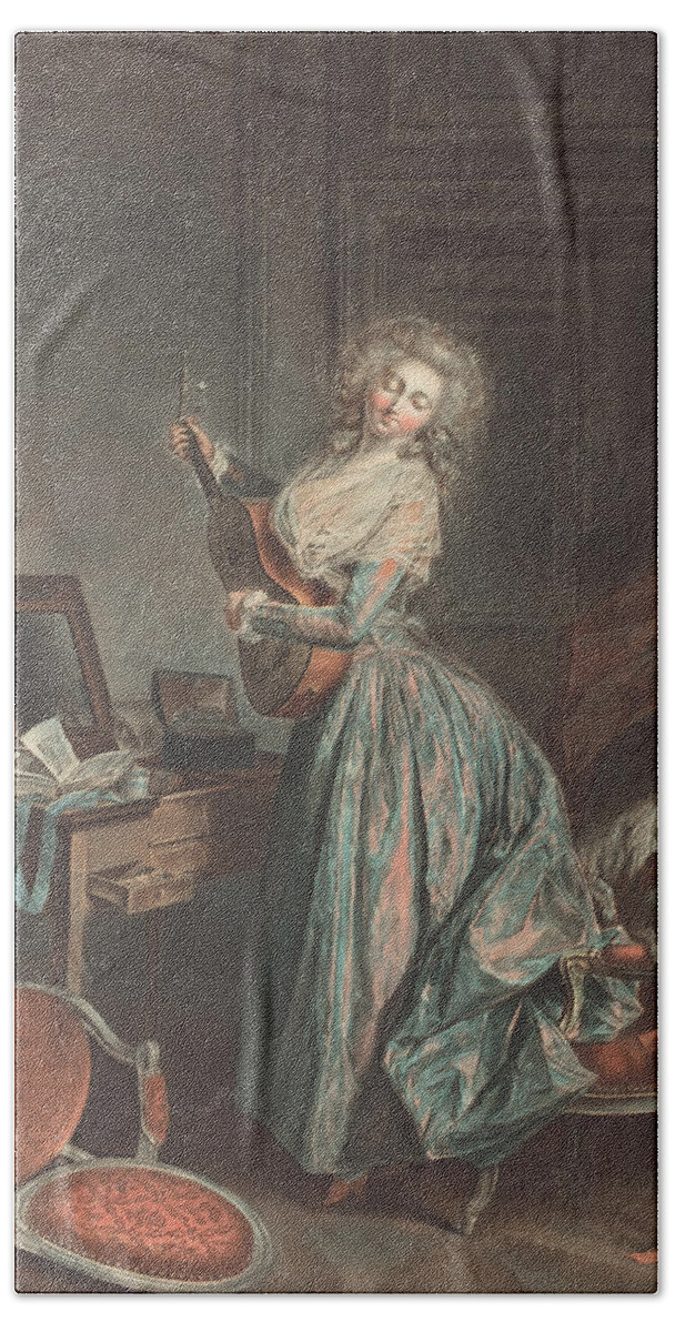A Woman Playing The Guitar Beach Towel featuring the painting A Woman Playing the Guitar by Jean-Francois Janinet 