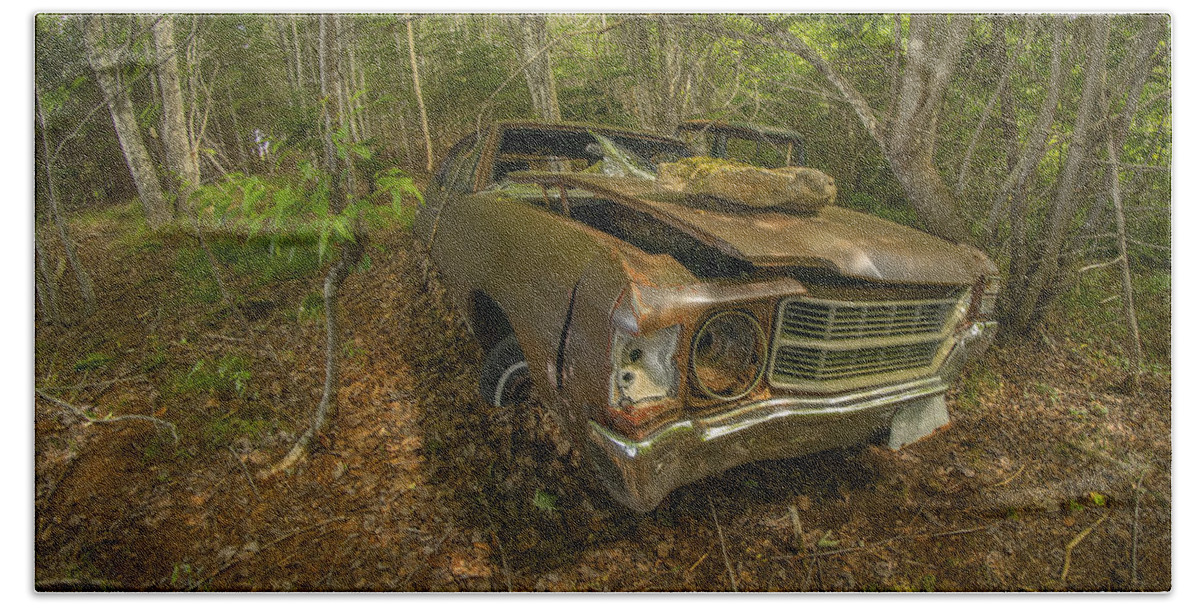 Abandoned Beach Towel featuring the photograph Abandoned Chevelle in Cape Breton by Ken Morris