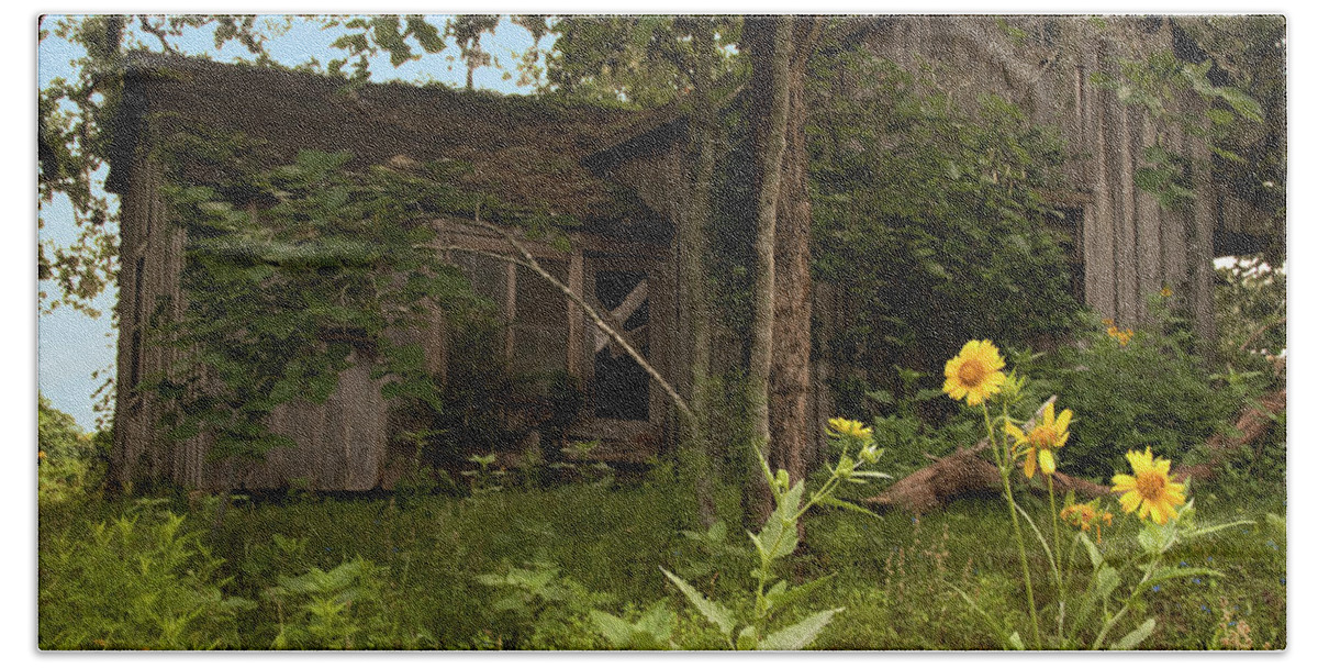 Texas Beach Towel featuring the photograph Abandoned Farm House and Flowers by Gerard Harrison