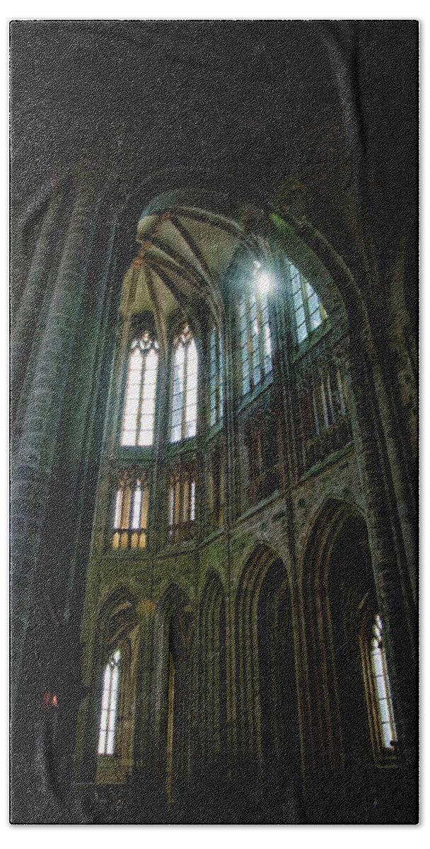 Abbey Mont St. Michel Beach Sheet featuring the photograph Abbey with Heavenly light by Linda Olsen