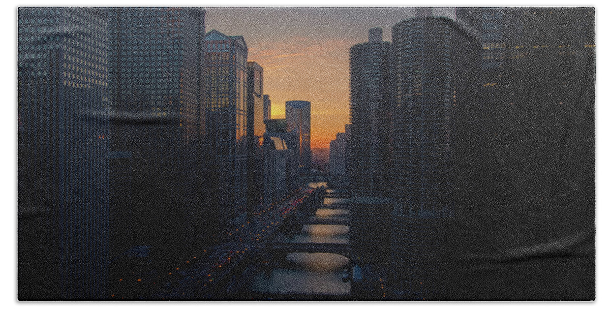 Chicago Beach Towel featuring the photograph Above the Chicago River at sunset by Jay Smith