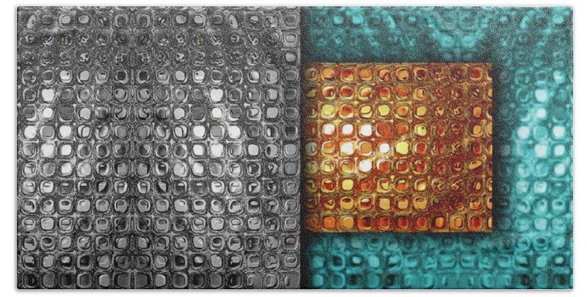 Abstract Beach Towel featuring the digital art Abstract Metallic Grid - Silver Gold Turquoise - Panoramic by Jason Freedman