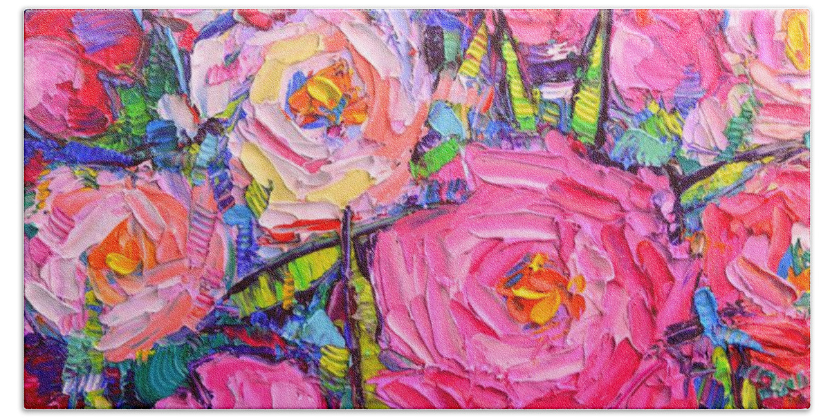 Peonies Beach Towel featuring the painting ABSTRACT PINK PEONIES modern textural impressionist impasto knife oil painting by Ana Maria Edulescu by Ana Maria Edulescu