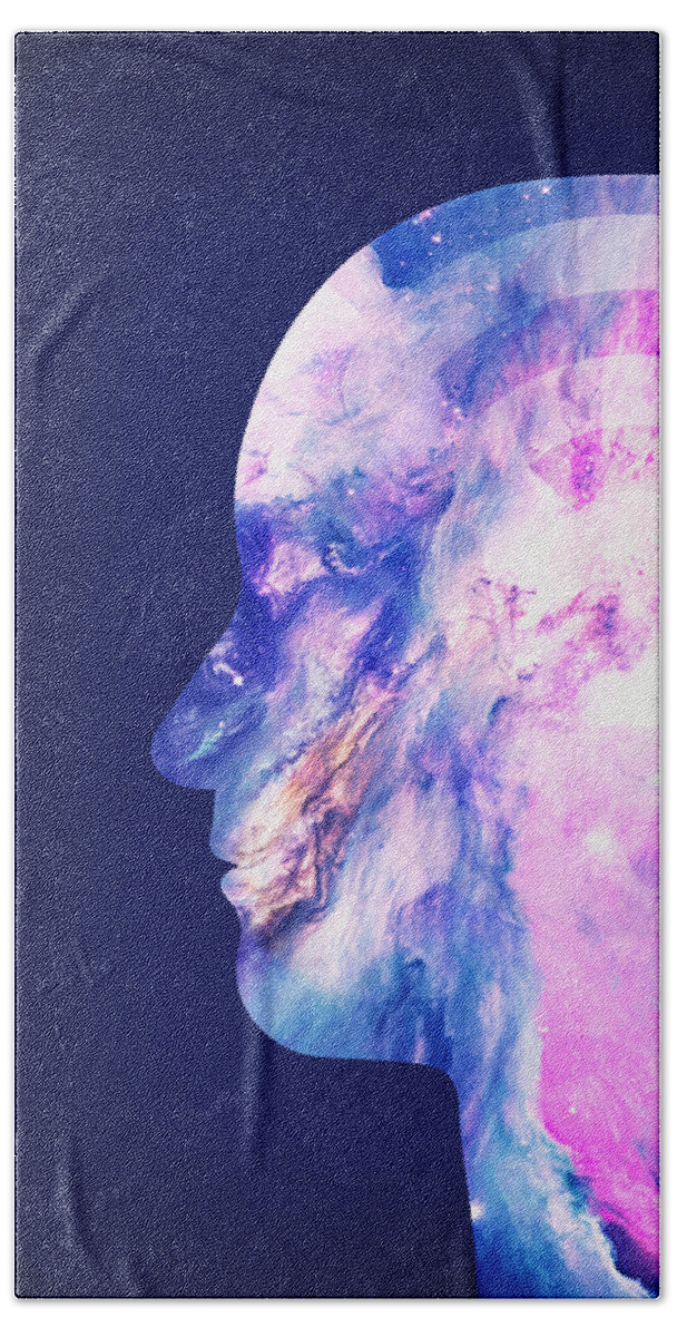 Hipster Beach Towel featuring the digital art Abstract Space Universe Galaxy Face Silhouette by Philipp Rietz