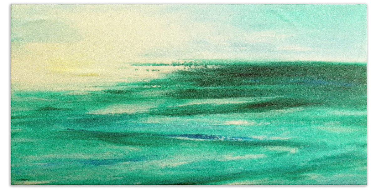 Sunsets Beach Sheet featuring the painting Abstract Sunset in Blue and Green by Gina De Gorna