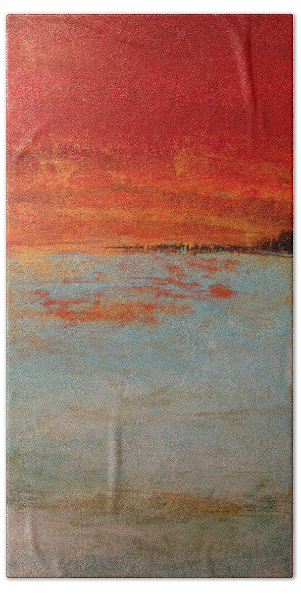 Teal Beach Sheet featuring the painting Abstract Teal Gold Red Landscape by Alma Yamazaki