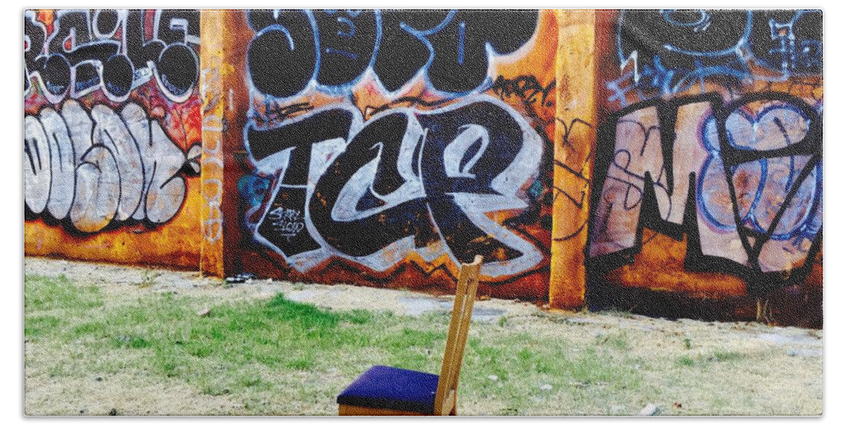Chair Beach Towel featuring the photograph Admiring Barcelona graffiti wall by Funkpix Photo Hunter