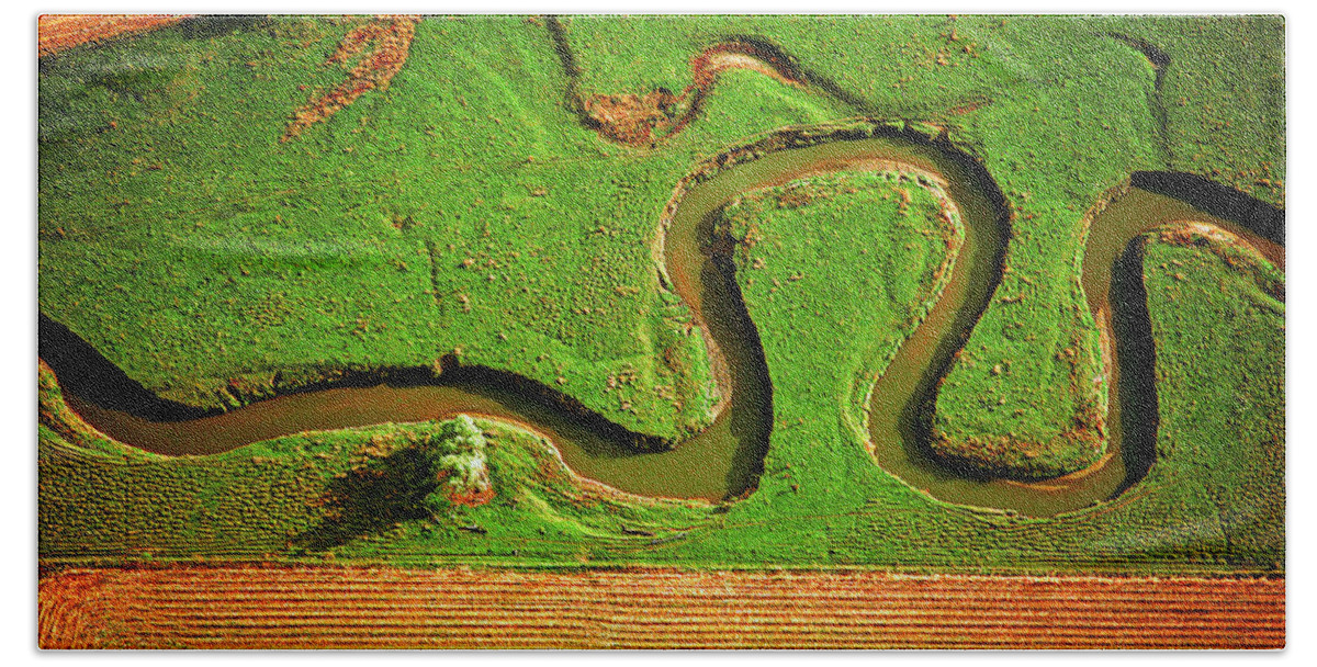 Aerial Beach Towel featuring the photograph aerial, farm, stream, northern, Illinois, farms, meandering by Tom Jelen