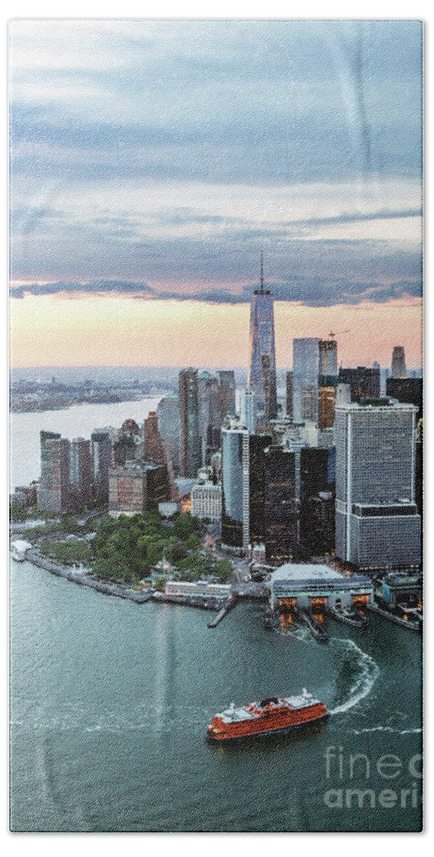 New York Beach Towel featuring the photograph Aerial of lower Manhattan skyline with Staten Island ferry boat, by Matteo Colombo