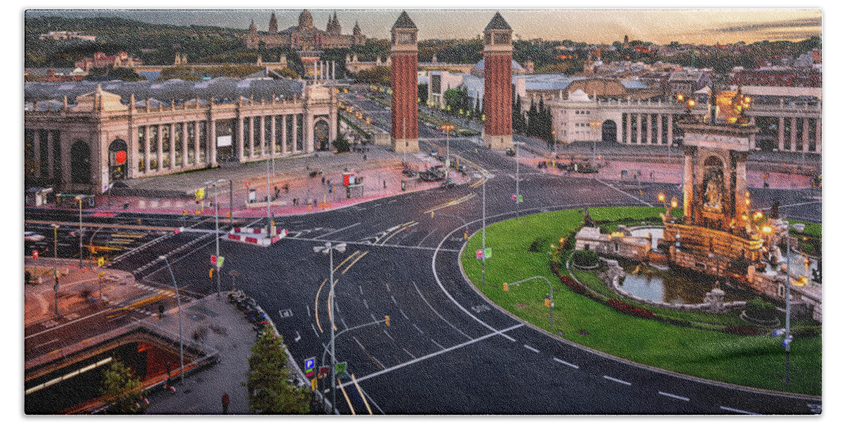 Aerial Beach Towel featuring the photograph Aerial View on Placa Espanya and Montjuic Hill with National Art by Andrey Omelyanchuk