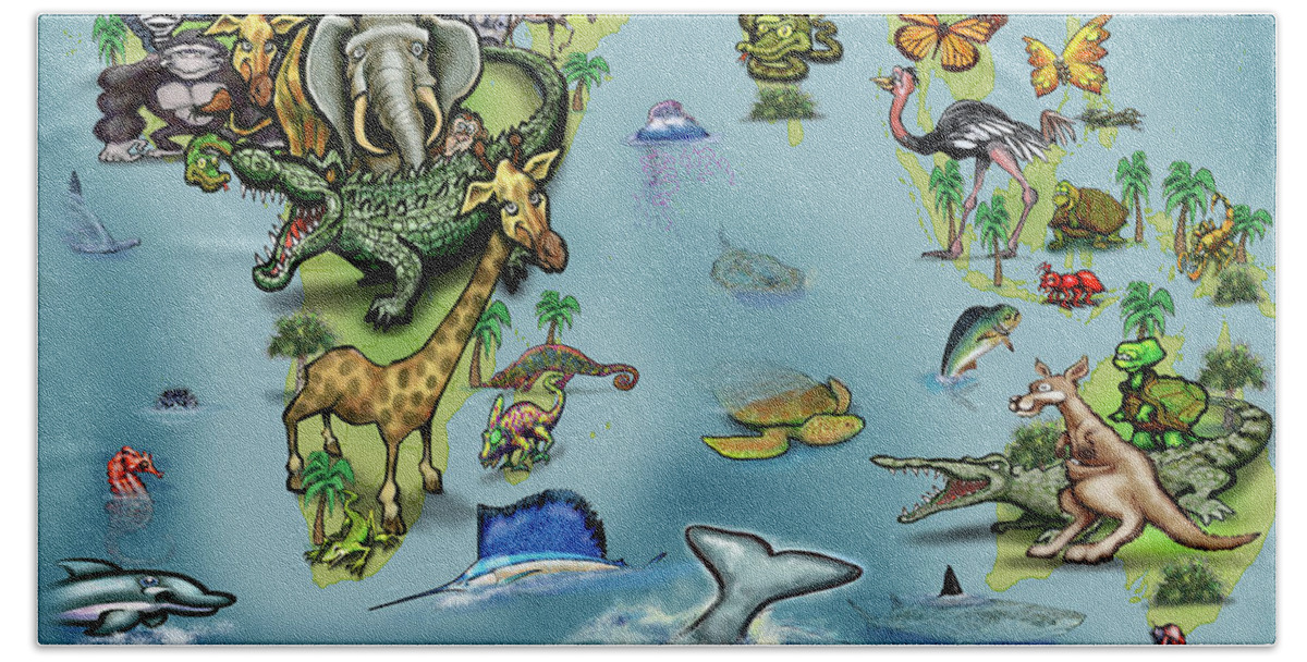 Africa Beach Towel featuring the digital art Africa Oceania Animals Map by Kevin Middleton