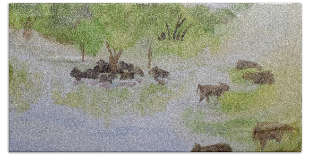 Cow Beach Towel featuring the painting Afternoon Swim by Vicki Housel