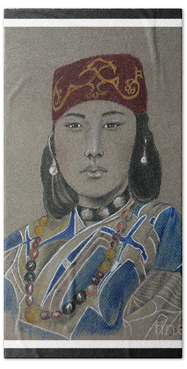 Ainu Beach Towel featuring the drawing Ainu Woman -- Portrait of Ethnic Asian Woman by Jayne Somogy