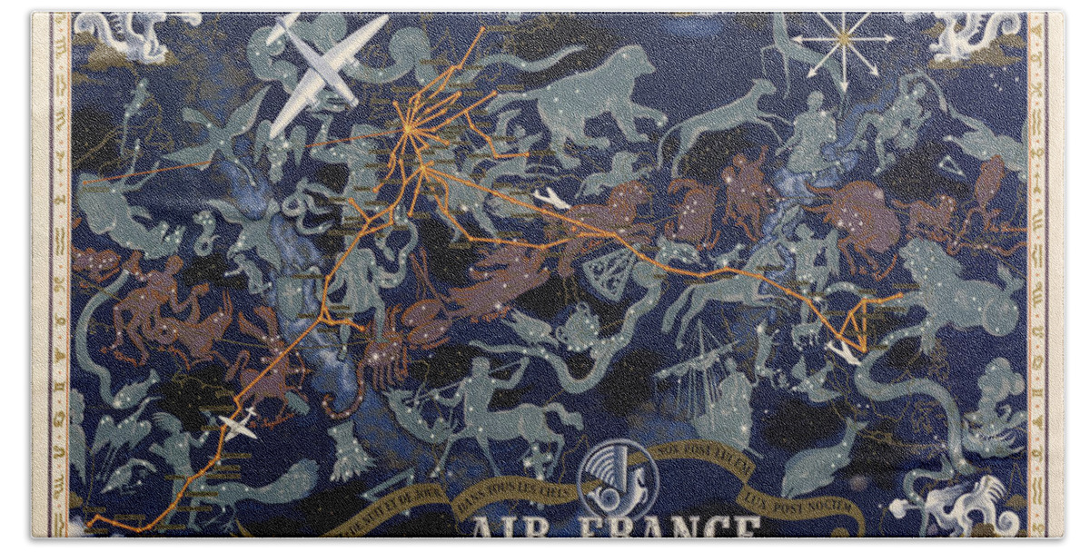 Air France Beach Sheet featuring the drawing Air France - Illustrated Poster of the Constellations - Blue - Celestial Map - Celestial Atlas by Studio Grafiikka