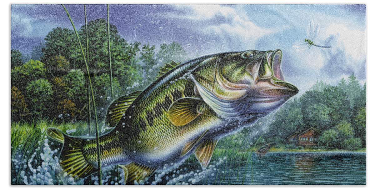 Airborne Bass Beach Towel featuring the painting Airborne Bass by JQ Licensing