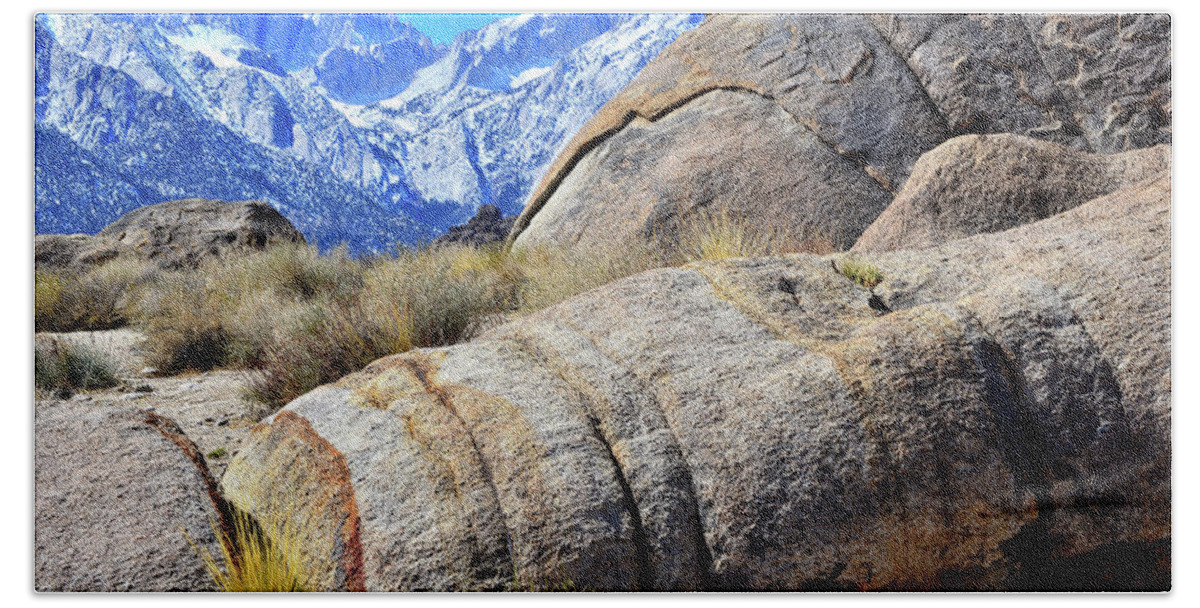 Alabama Hills Beach Towel featuring the photograph Alabama Hills Boulders and Mt. Whitney by Ray Mathis