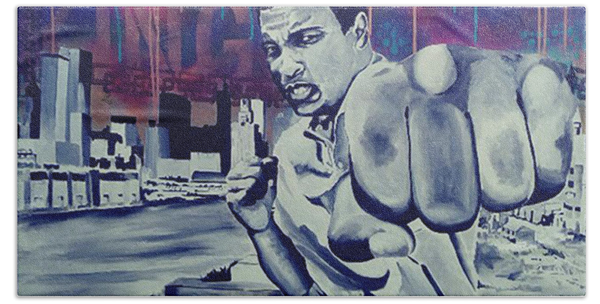 Muhammed Ali Iconic Picture New York Myc Beach Towel featuring the painting ALI in the City by Femme Blaicasso