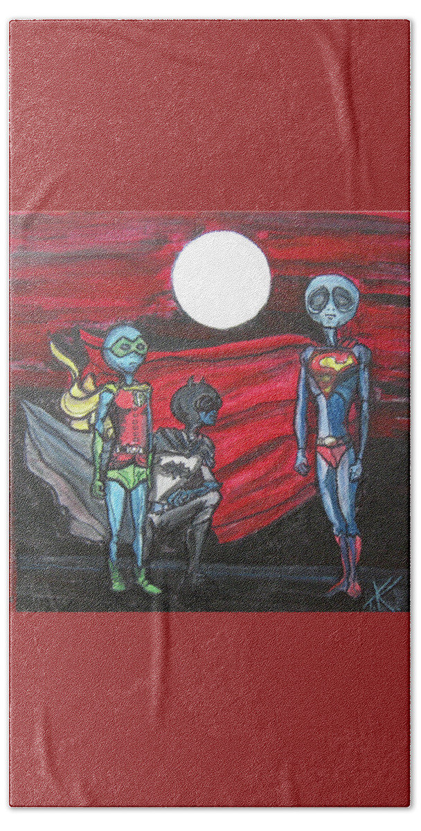 Superheros Beach Towel featuring the painting Alien Superheros by Similar Alien