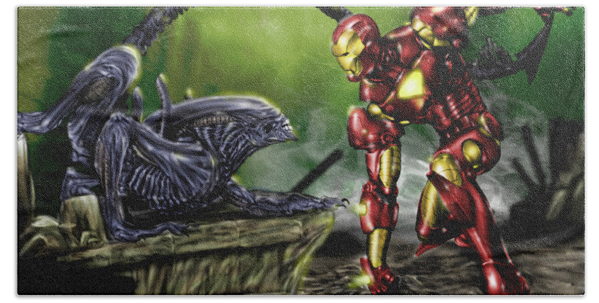 Alien Beach Sheet featuring the painting Alien vs Iron Man by Pete Tapang