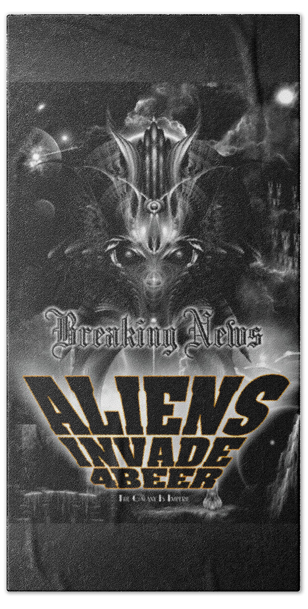 Aliens Beach Towel featuring the digital art Aliens Invade 4 Beer Galaxy Attack by Rolando Burbon