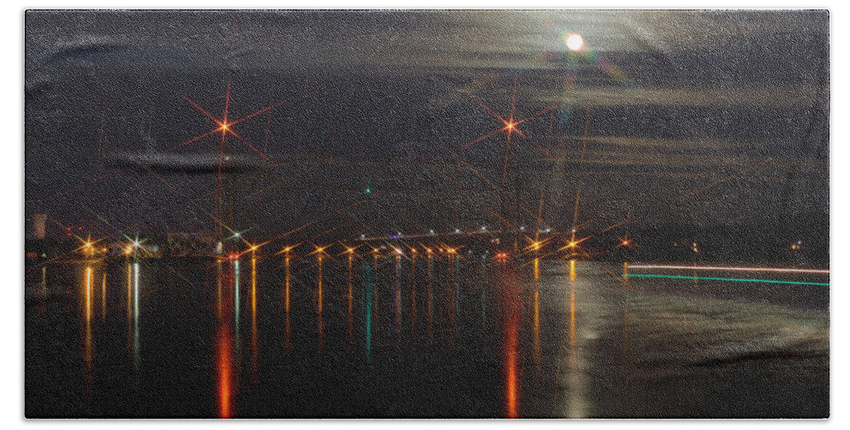 Railroad Bridge Beach Towel featuring the photograph All Lit Up II by Greg DeBeck