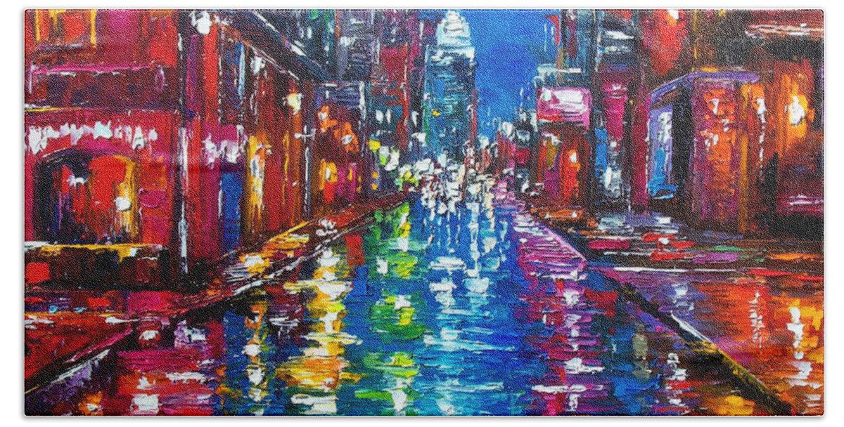 Cityscape Beach Towel featuring the painting All Night Long by Debra Hurd