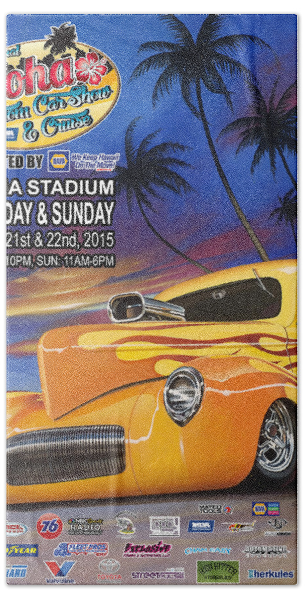 Hot Beach Towel featuring the painting Aloha Car Show Poster by Kenny Youngblood