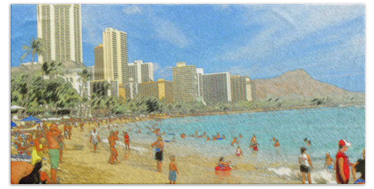 Honolulu Beach Towel featuring the drawing Aloha From Hawaii - Waikiki Beach Honolulu by Peter Potter