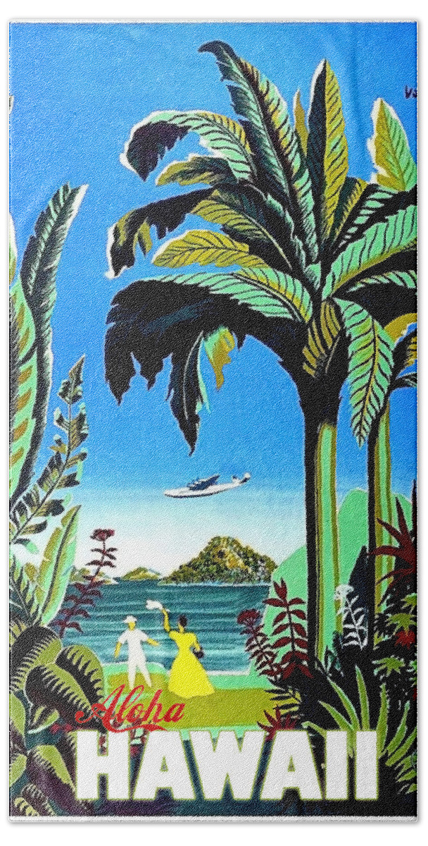 Aloha Beach Towel featuring the painting Aloha Hawaii, tropic island, vintage travel poster by Long Shot