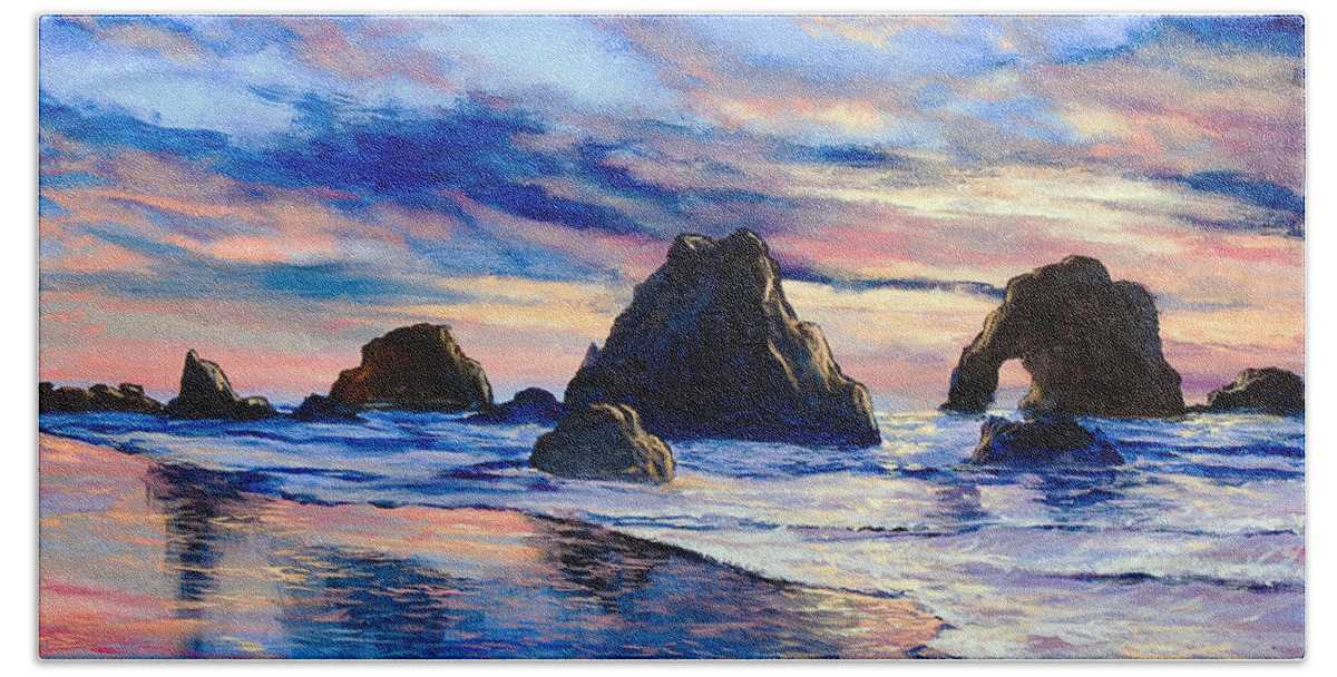 Seascape Beach Towel featuring the painting Along the Rocky Coast by Marco Aguilar