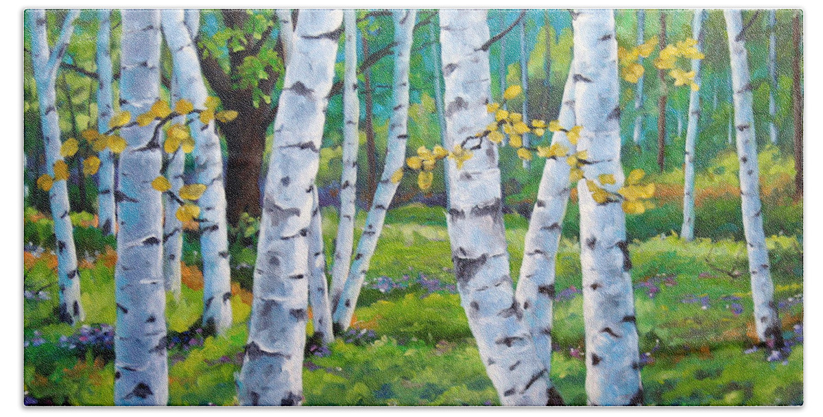 Birche; Birches; Tree; Trees; Nature; Landscape; Landscapes Scenic; Richard T. Pranke; Canadian Artist Painter Beach Towel featuring the painting Alpine flowers and birches by Richard T Pranke