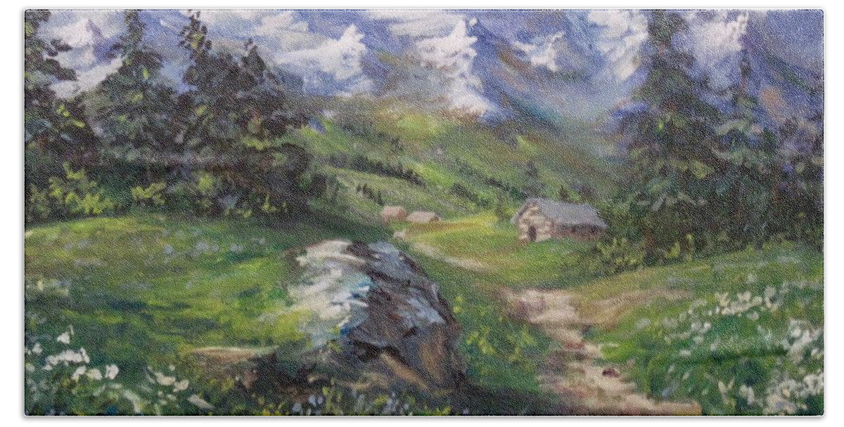 Landscape Beach Towel featuring the painting Alpine Splendor by Megan Walsh