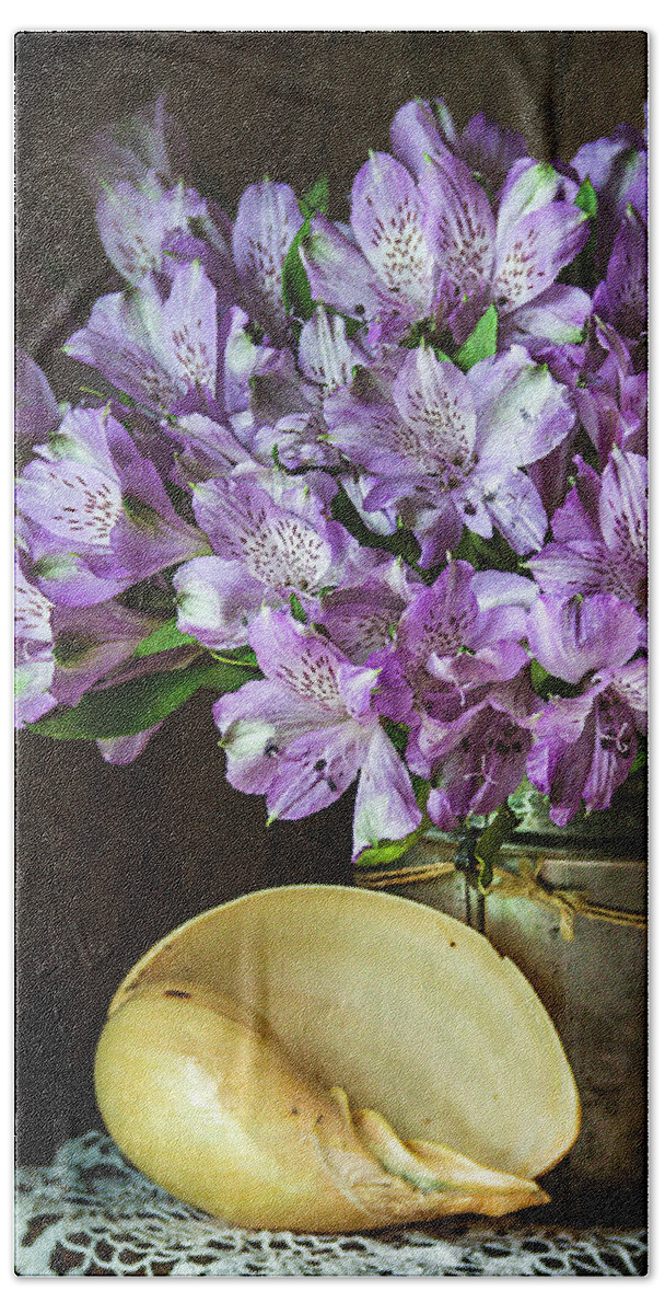 Alstroemeria Beach Towel featuring the photograph Alstroemeria with Seashell by Cindi Ressler