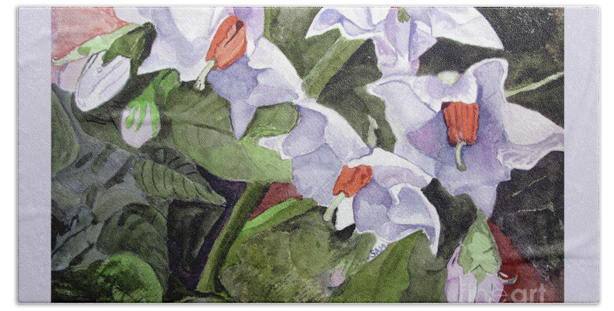 Flower Beach Towel featuring the painting Amanda's Blue Potato Flowers by Sandy McIntire