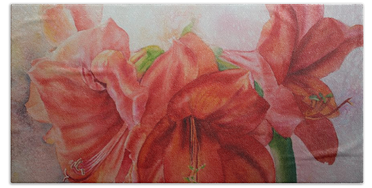 Flowers Beach Towel featuring the painting Amarylis by Ruth Kamenev