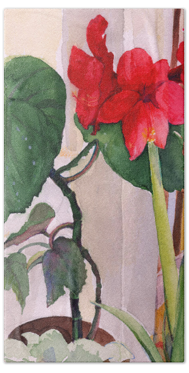 Christmas Amaryllis Beach Sheet featuring the painting Amaryllis and Begonia by Nancy Watson