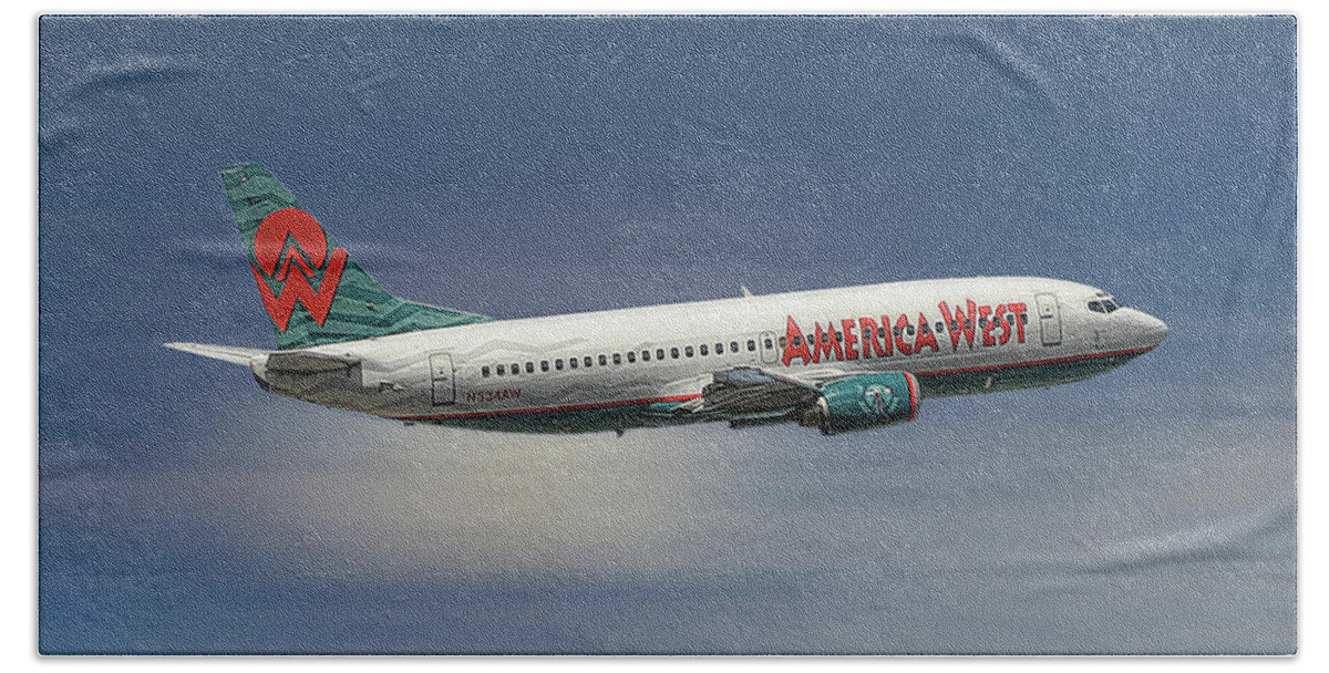America West Beach Towel featuring the mixed media America West Boeing 737-300 by Smart Aviation