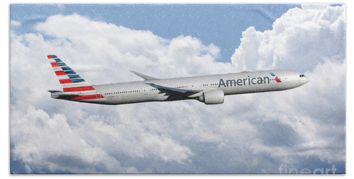 American Beach Towel featuring the digital art American AIrlines Boeing 777 by Airpower Art