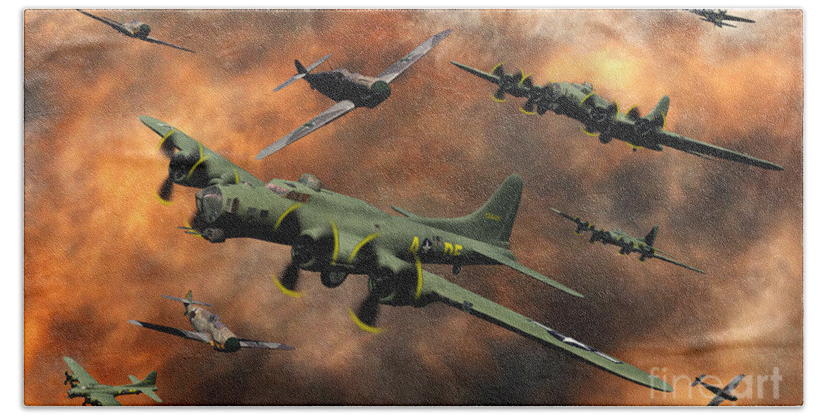 Color Image Beach Towel featuring the digital art American And German Aircraft Battle by Mark Stevenson