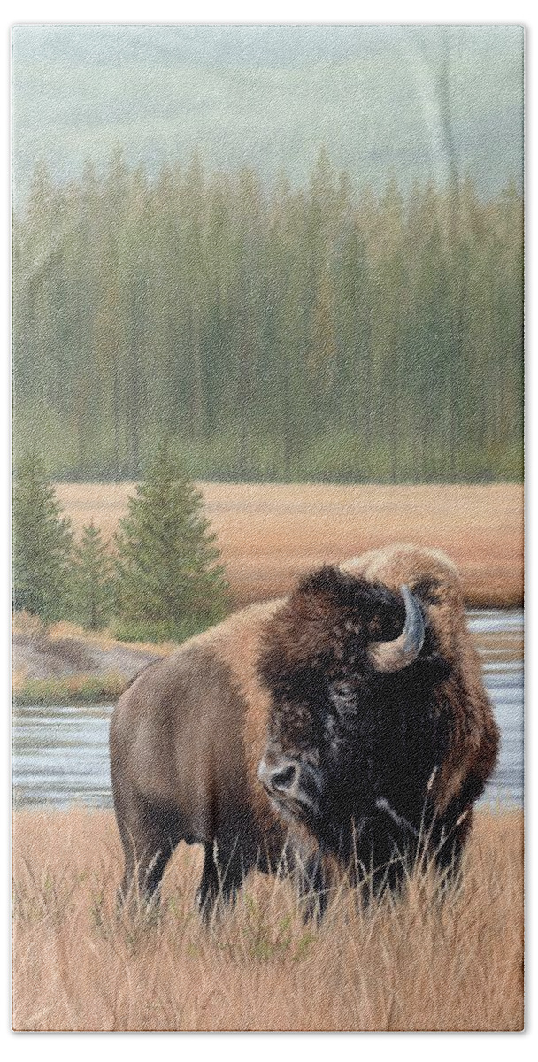 Bison Painting Beach Towel featuring the painting American Bison Oil Painting by Rachel Stribbling