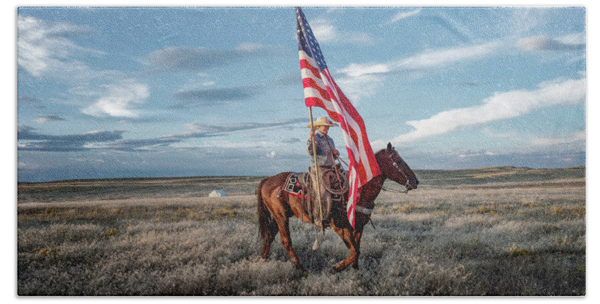 Cowgirl With The American Flag Beach Towel featuring the photograph American Cowgirl by Pamela Steege