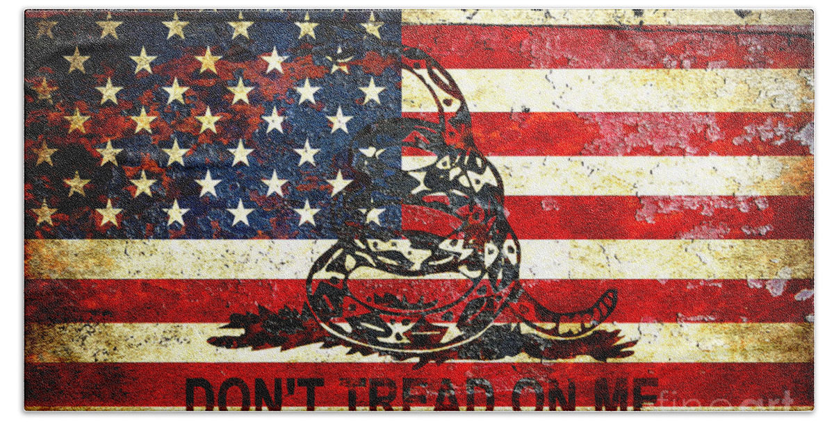 Snake Beach Towel featuring the digital art American Flag And Viper On Rusted Metal Door - Don't Tread on Me by M L C